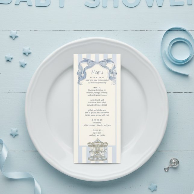 Oh Boy Blue Bow Carousel Baby Shower Menu Card  (Criador carregado)