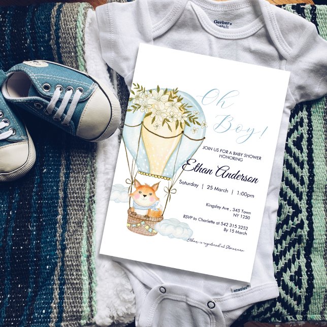Oh Boy Fox Hot Air Balloon Chá de fraldas Convite (Oh Boy Fox Hot Balloon Baby Shower Invite)