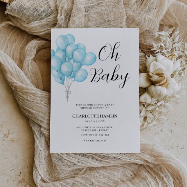 Oh Chá de fraldas Blue Balloon Convite (Oh Baby Shower Blue Balloon Invitation)