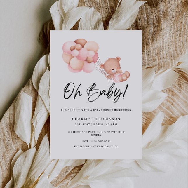 Oh Chá de fraldas, Rosa, Urso Rosa, Convite para B (Oh Baby Shower Pink Teddy Bear Balloon Invitation)