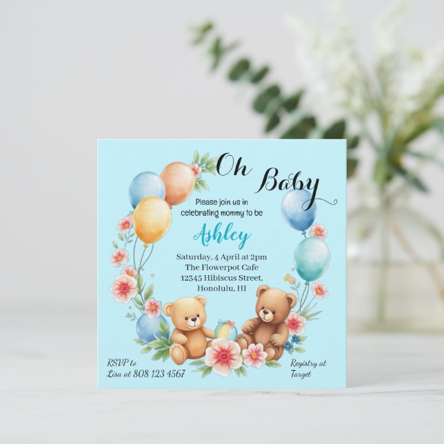 Oh Chá de fraldas ursinhos e balões convite (Em pé/Frente)