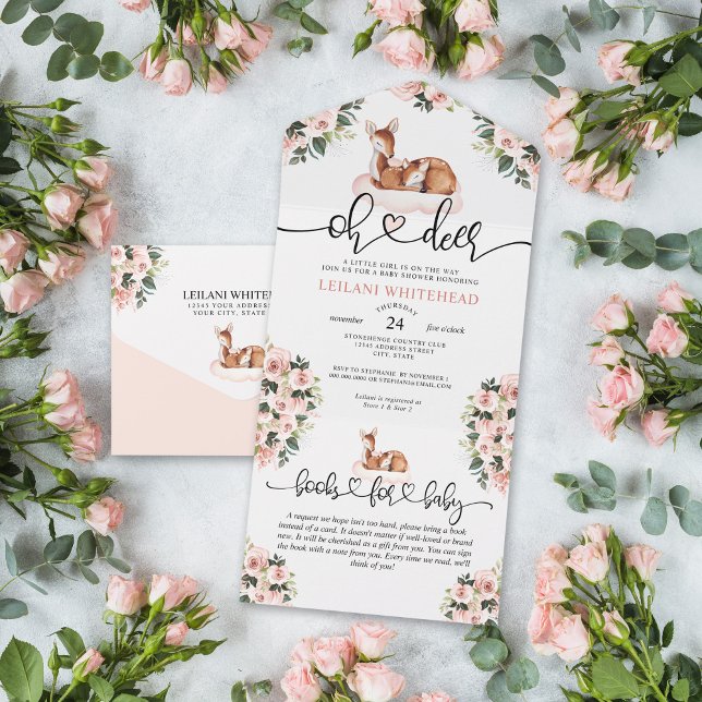 Oh Deer Chá de fraldas Floral Livros (Oh deer watercolor pink floral baby shower all in one invitation with a books for baby card attached)
