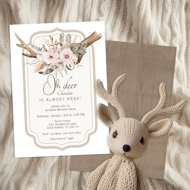 Oh Deer Woodland Chá de fraldas Convite - Boho Flo (Cute Oh Deer Baby Shower Invitation)