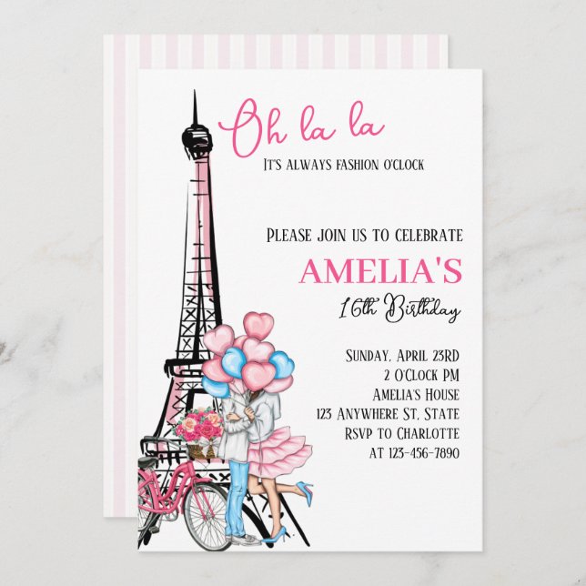 Oh la Paris Pink Amava Convite de Aniversário (Frente/Verso)