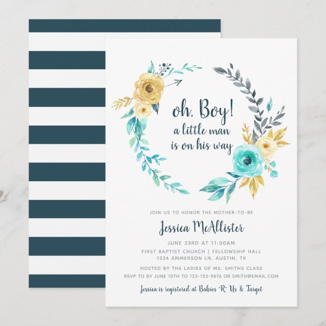 Oh Menino Chá de fraldas de Homem Pequeno Convite  (Frente/Verso)