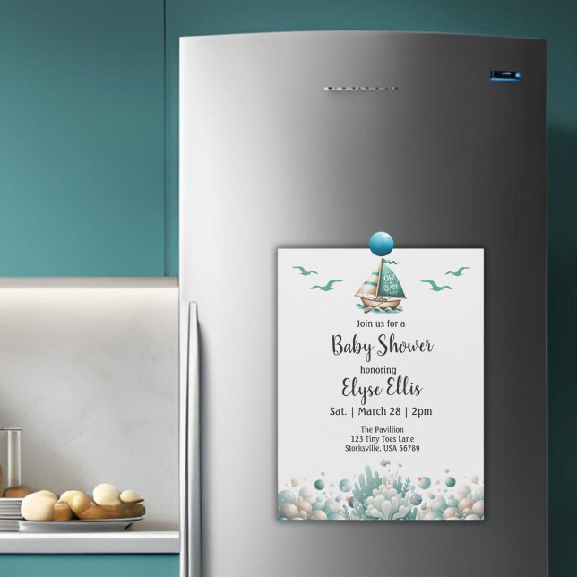 "Oh, Querida" Magneta Náutica Rústica Chá de frald ("Oh, Baby" Baby Shower Magnetic Invitation)