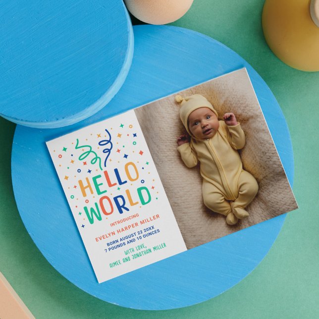 Olá, anúncio de nascimento de Confetti Colorido do (Hello world birth announcement card with colorful confetti)