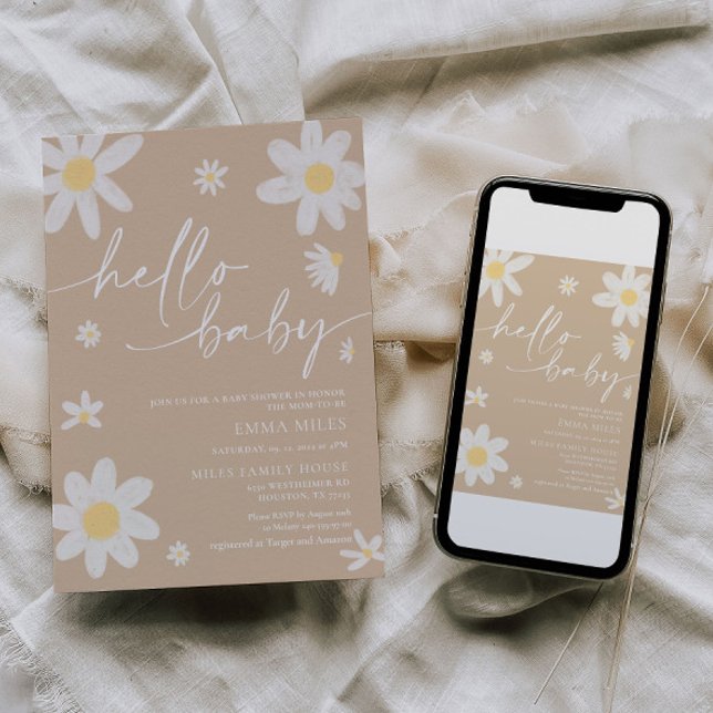 Olá Baby Daisy Beige Chá de fraldas Convite (Criador carregado)