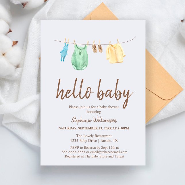 Olá Bebê Boho Roupas Linha Baby Shower Convite (Criador carregado)