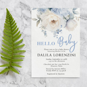 Olá, Chá de fraldas Floral Azul Bebê Convite