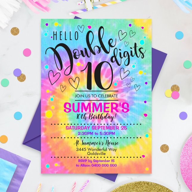 Olá Convite de Festa de Dígitos Duplos Tie Dye 10º (Hello Double Digits Party Invitation)