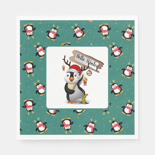 Olá Guardanapos de Pinguins de Inverno (Frente)