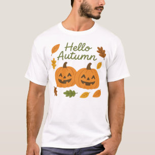 Olá Outono Cute Sorriso Abóboras Camiseta Clássica