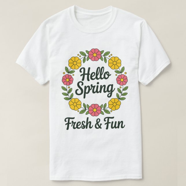 Olá Primavera – Camiseta Pastel com Grinalda Flora (Frente do Design)