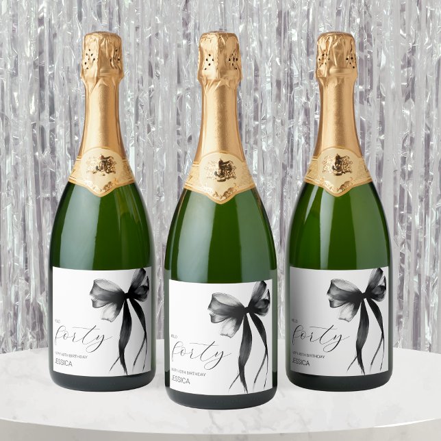 Olá Quarenta Elegante Arco de Roteiro Festa de Ani (Hello Forty Elegant Script Bow 40th Birthday Party Sparkling Wine Label)