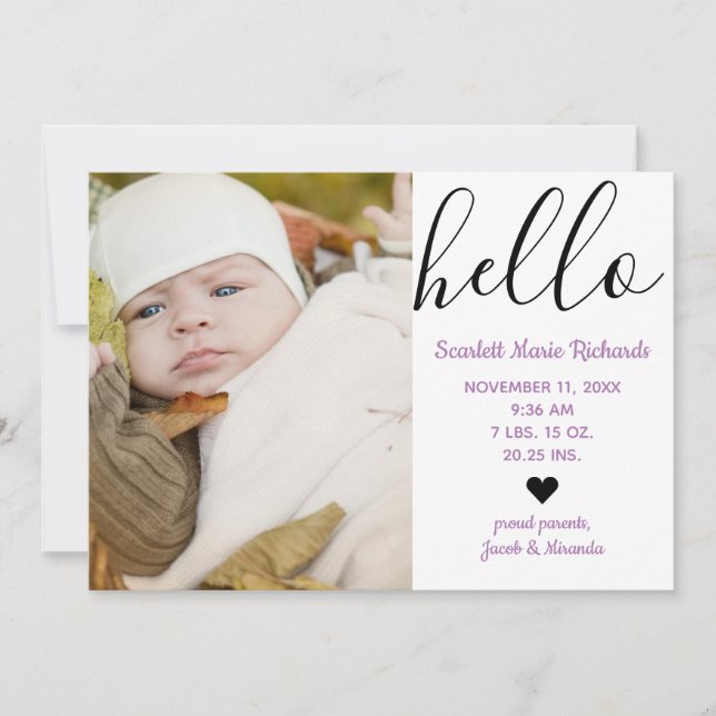 Olá, Script Photo Purple - Anúncio de Nascimento (Frente)