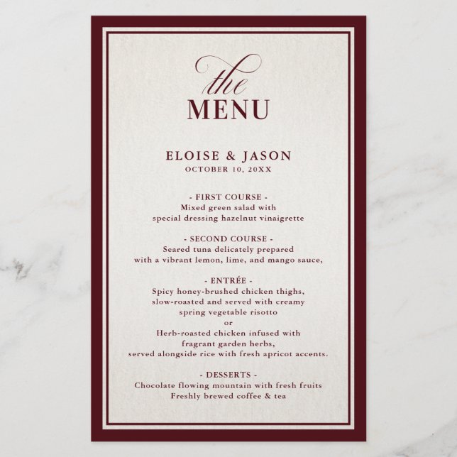 Old Money Modern Formal Burgundy Wedding Menu (Frente)