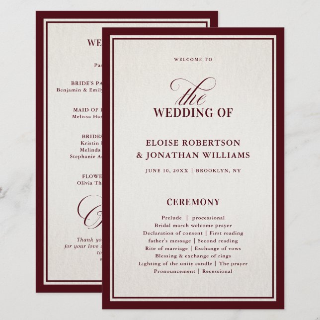 Old Money Modern Formal Burgundy Wedding Program (Frente/Verso)