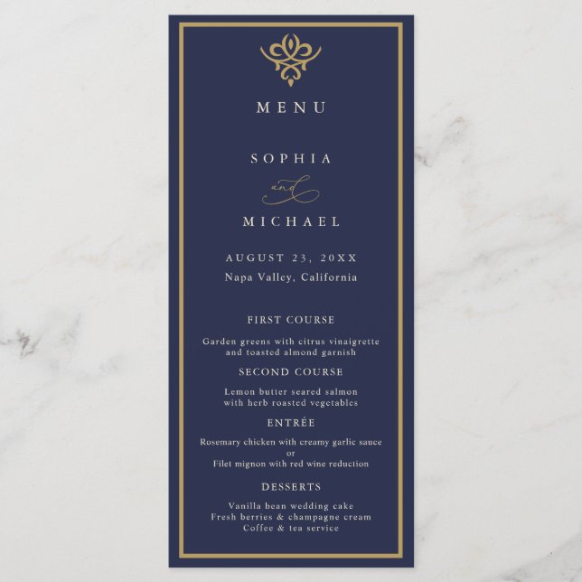 Old Money Navy Blue Wedding Flat Menu (Frente)