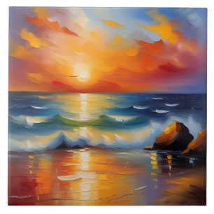 Óleo Pintura do pôr do sol laranja sobre o oceano