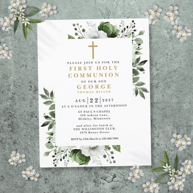 Olive Green Floral Primeiro Convite à Comunidade S (Olive Green Floral First Holy Communion Invitation Postcard)