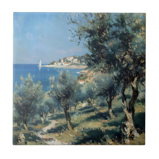 Olive Grove with Coastal Village and Sea
