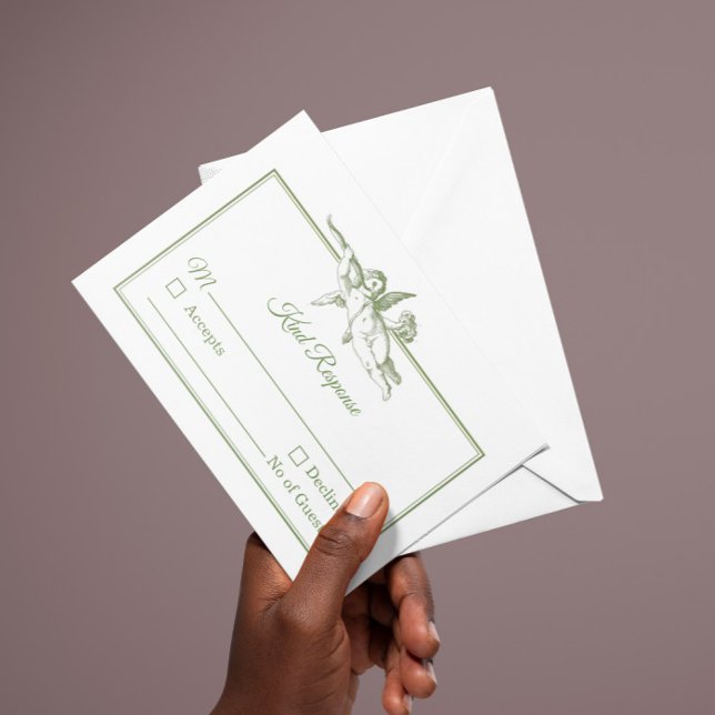Olive Sage Toile de Jouy Cherub Wedding RSVP Card (Criador carregado)