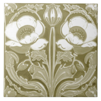 Olive Tan Poppy Flower Deco Nouveau Folk Art