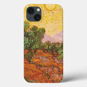 Oliveiras de Van Gogh com céu amarelo e sol