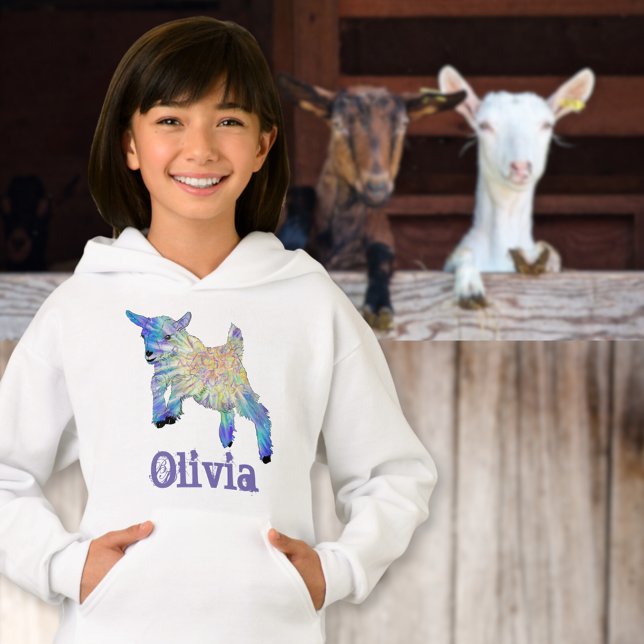 Olivia Adicione Nome Fofo Fazenda De Capim De Bebê (Cute jumping baby goat colorful animal art custom name girls sweatshirt)
