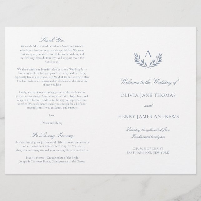 Olivia Elegante Programa de Casamento Dobrado Azul (Frente)