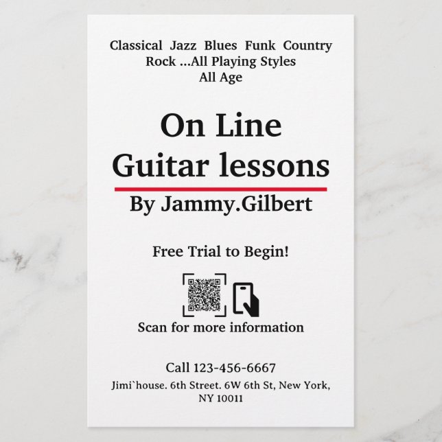 On Line Guitar Lessons Folheto impressão frente e  (Frente)