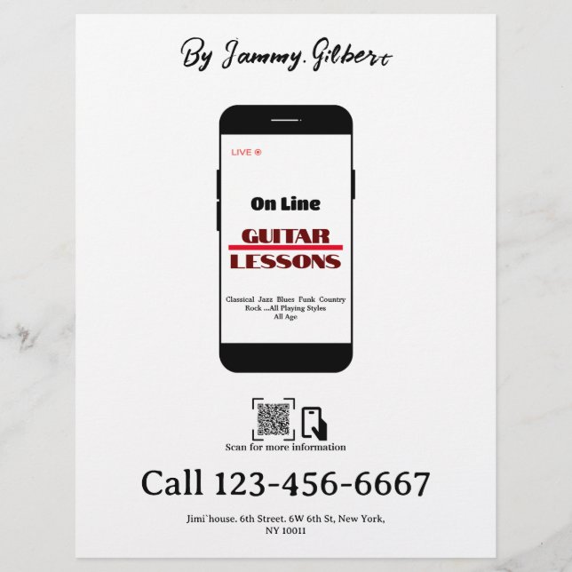 On Line Guitar Lessons Folheto impressão frente e  (Frente)