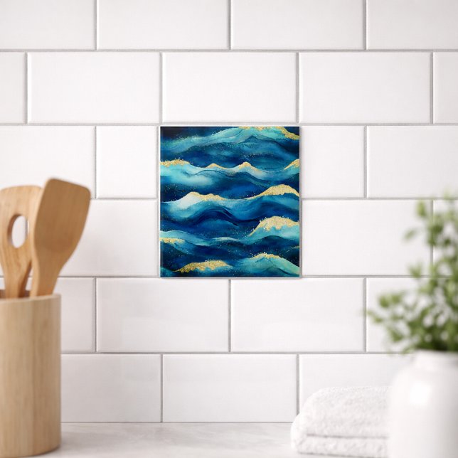 Ondas Abstratas do Oceano Aquarela Azul e Dourada (Criador carregado)