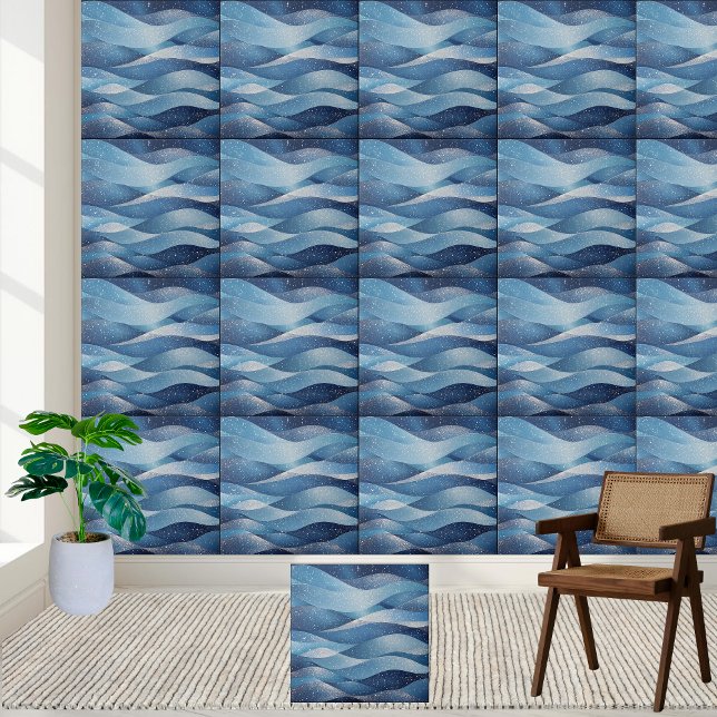 Ondas Cósmicas Azuis Elegantes - Oceano Noturno Es (Elegant Blue Cosmic Waves - Starry Night Ocean Ceramic Tile)