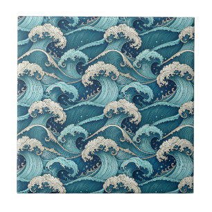 Ondas do Oceano Azul Padrão Tropical Japonês de Ve
