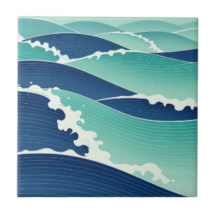 Ondas do Oceano Azul Turquesa Estilo Japonês