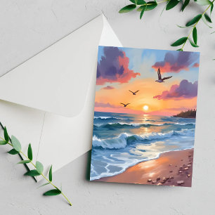 Ondas do Oceano Pôr do Sol Pintura a Óleo Carta da