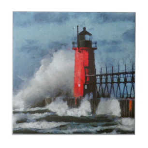 Ondas e farol do Lago Michigan