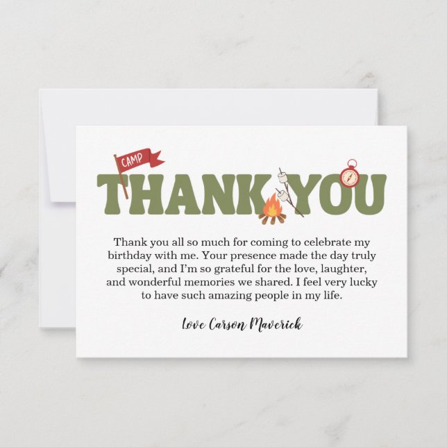 One Happy Camper Boys Birthday Thank You Card (Frente)