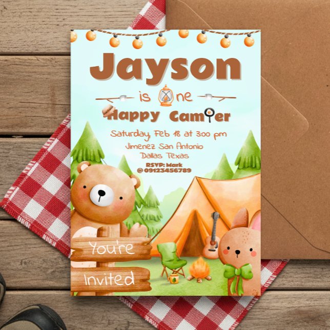 One Happy Camper - Convite para primeiros aniversa (One Happy Camper - 1st birthday Invitation)
