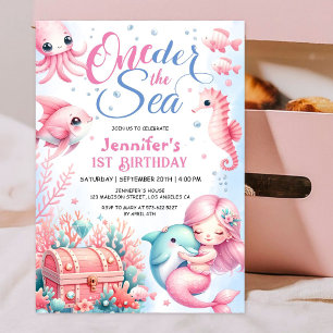 ONEder O Mar! Convite de 1º Aniversário Rosa Fofo 