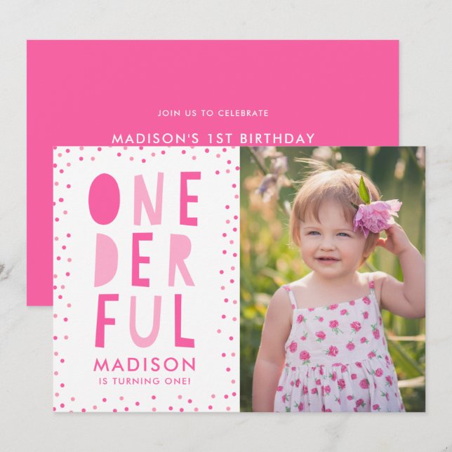 Onederful | Convite de Aniversário de Um Ano com F (Frente/Verso)