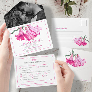 Opções de RSVP para casamento cor-de-rosa com arte