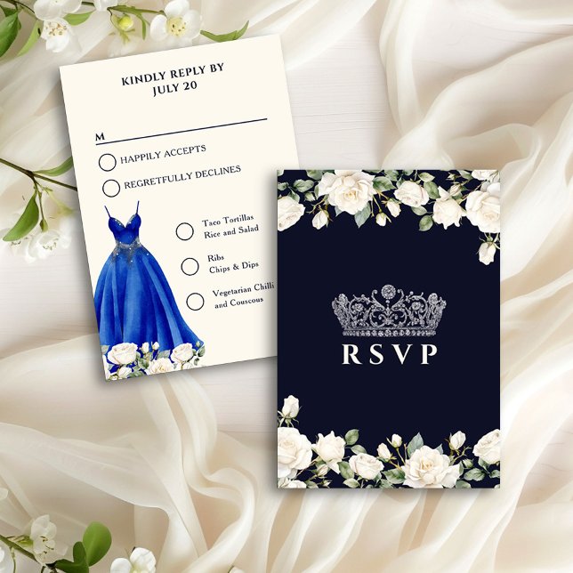 Opções do Menu da Princesa Dress Blue Quinceanera (RSVP Card from the Princess Dress and Roses Quinceanera collection by Darling & May)