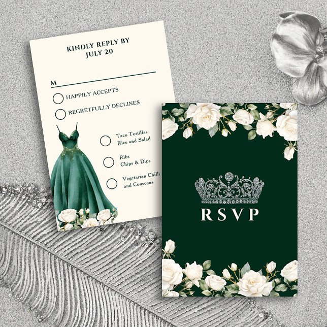 Opções do Menu Princesa Vestido Verde Quinceanera (RSVP Card from the Princess Dress and Roses Quinceanera Collection by Darling & May)