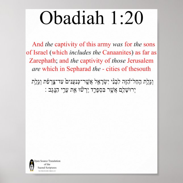 Open Source Translation Obadiah 1:20 Poster (Frente)