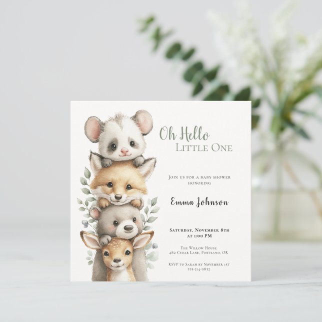 Opossum Woodland Baby Shower Invitation (Em pé/Frente)