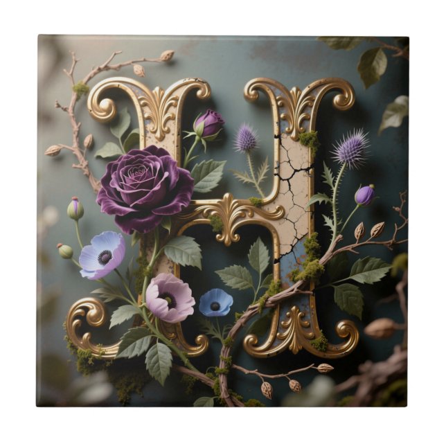 Opulent Gold Floral Letter H Monogram (Frente)
