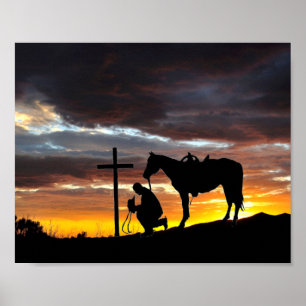 Oração De Cowboy Silhoule Com Poster Sunset